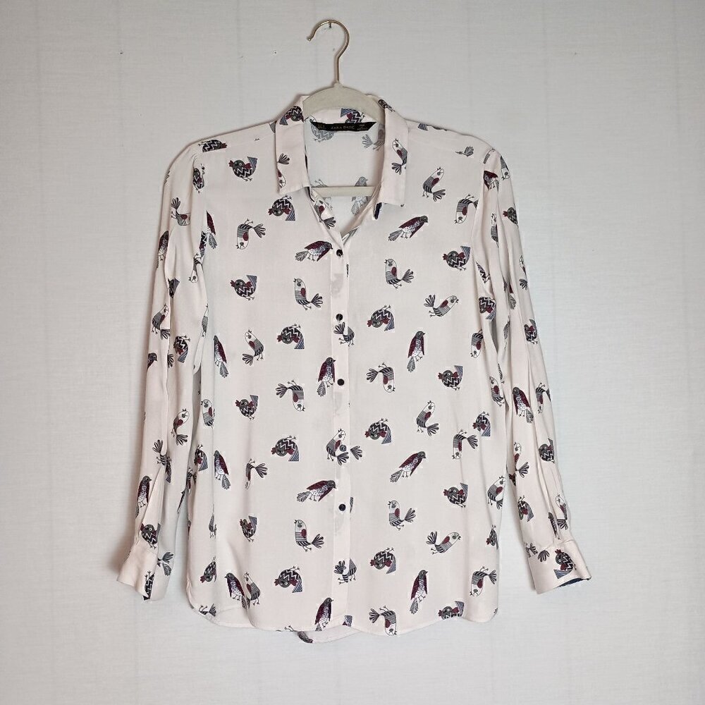 Zara Basic Button Up Long Sleeve Shirt with all over Bird Print  Boho Size Small